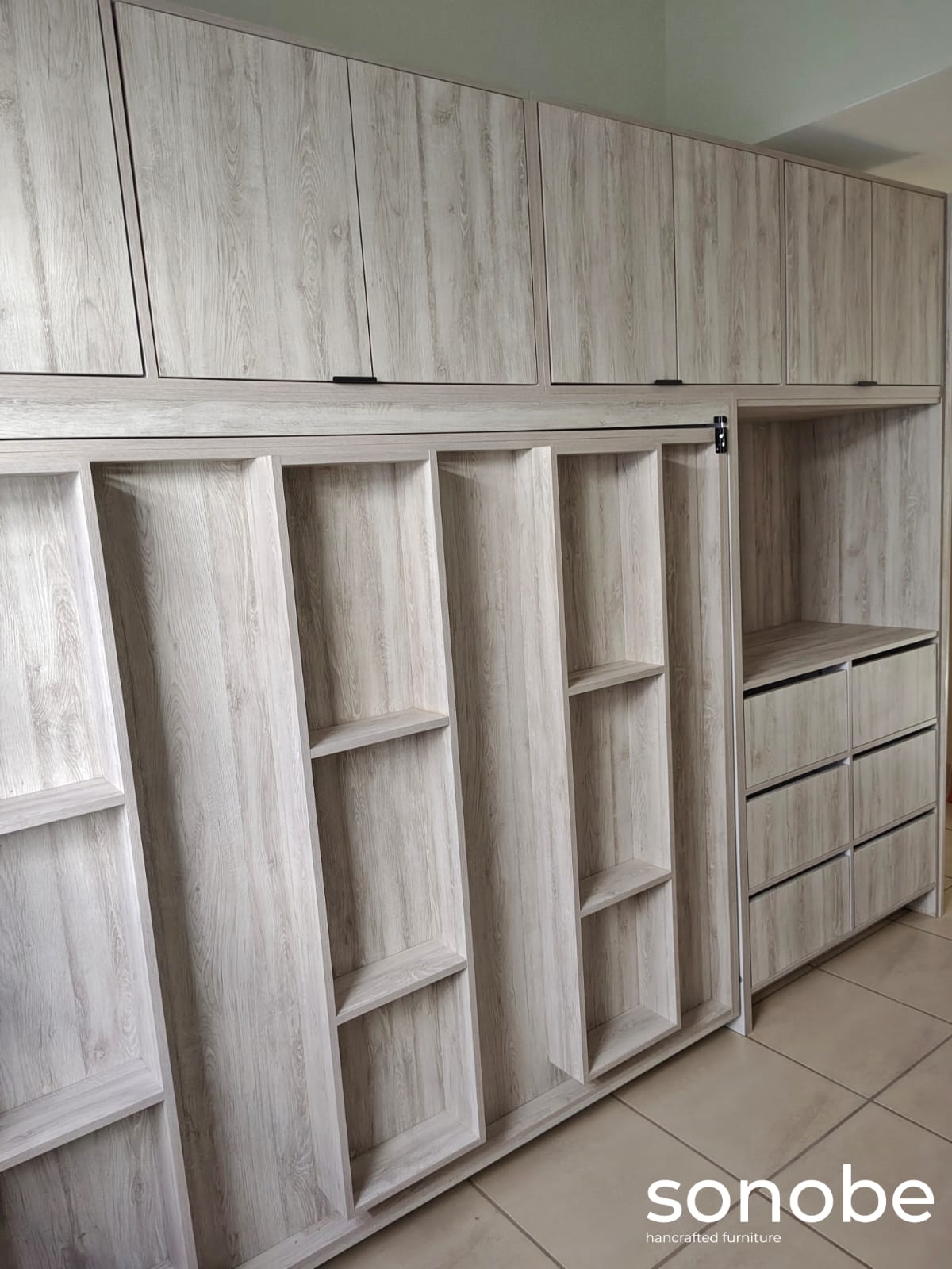 light oak bedroom suite — full wall wardrobe with overhead cabinets