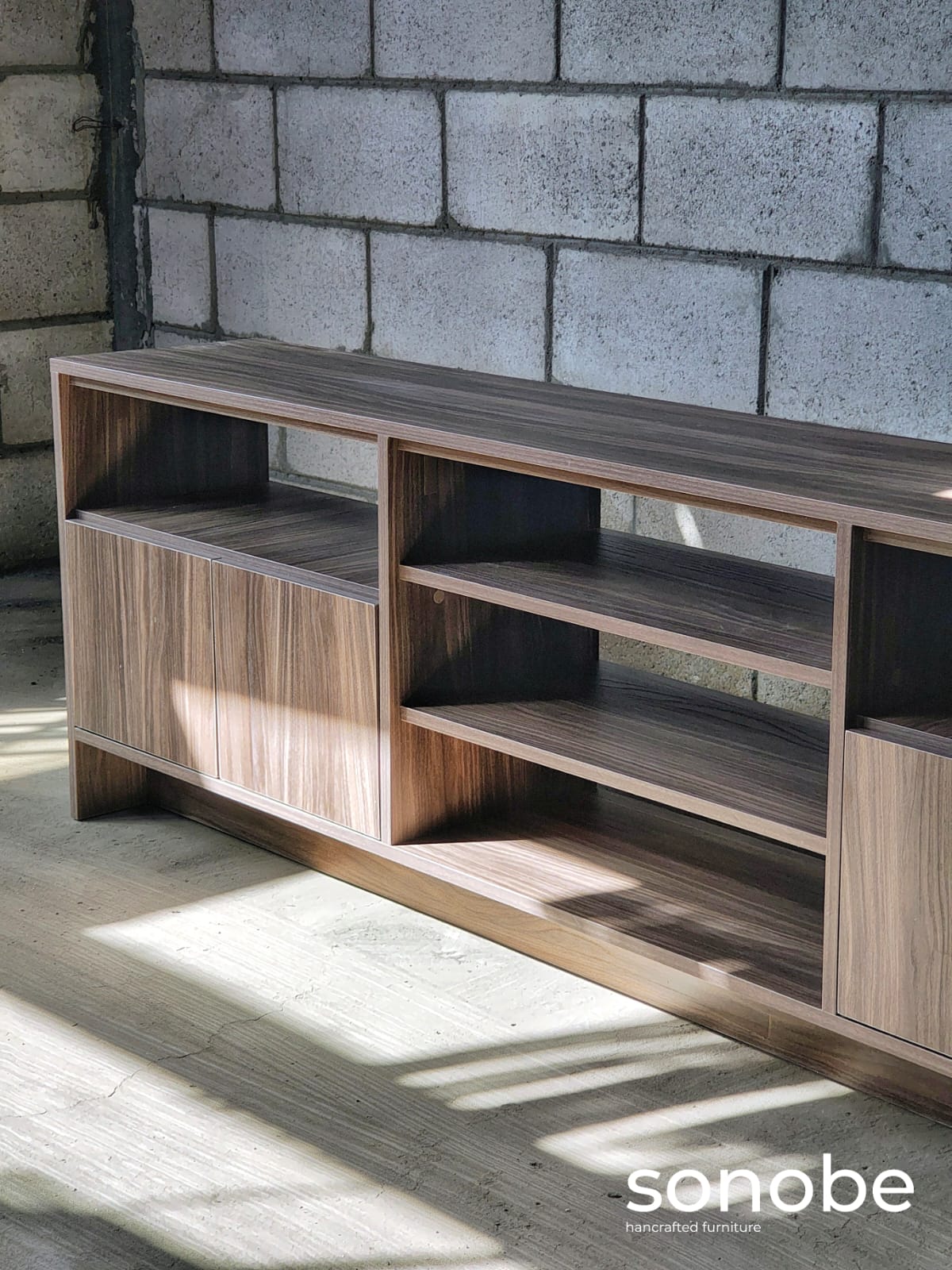 walnut credenza i — front view with open compartments