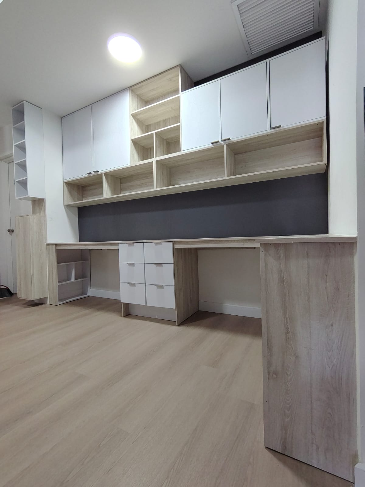 custom built-in workspace with white and oak cabinetry — full view